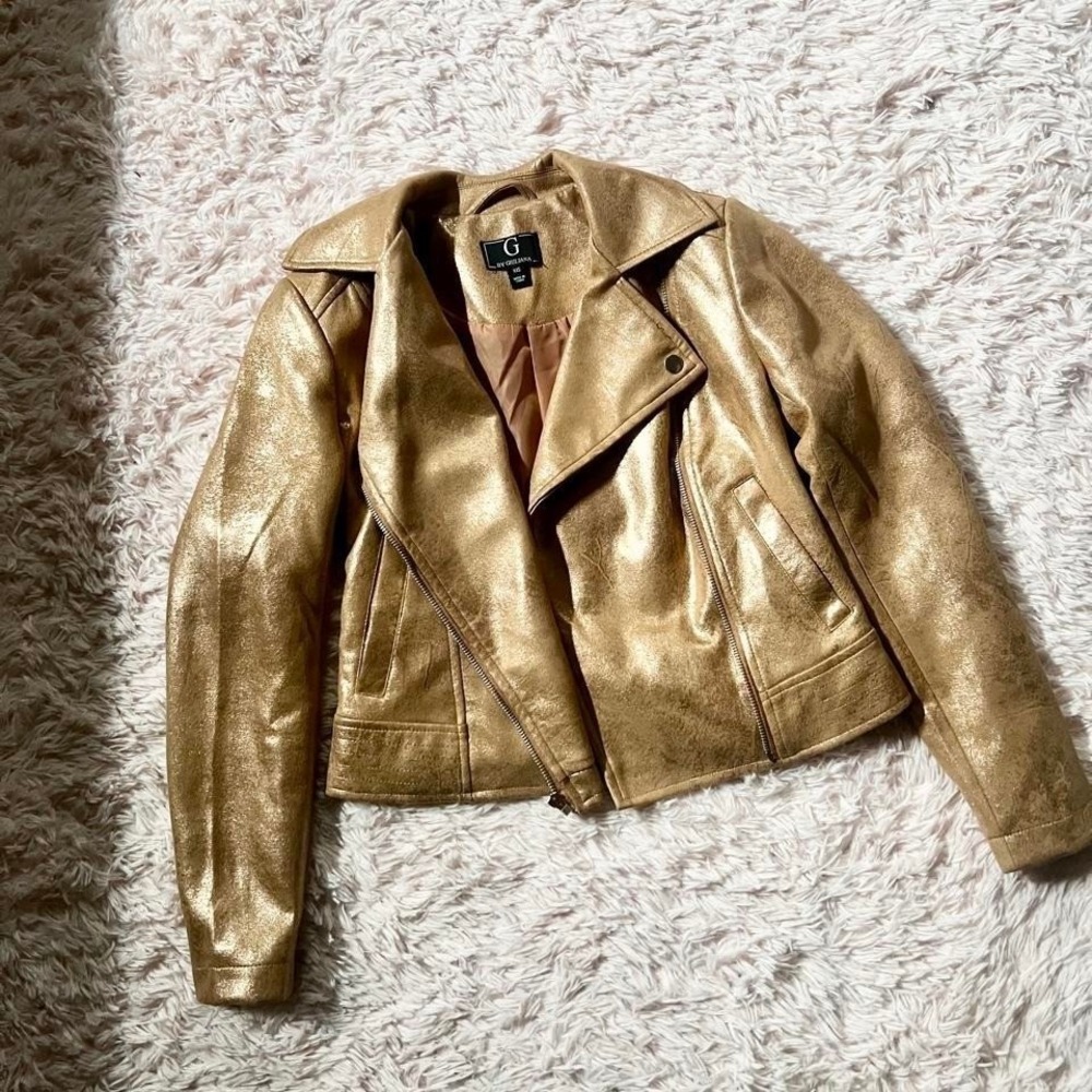 Gold Metallic Edgy Statement Cropped Moto Biker Jacket Womens‎ XXS Retro Disco